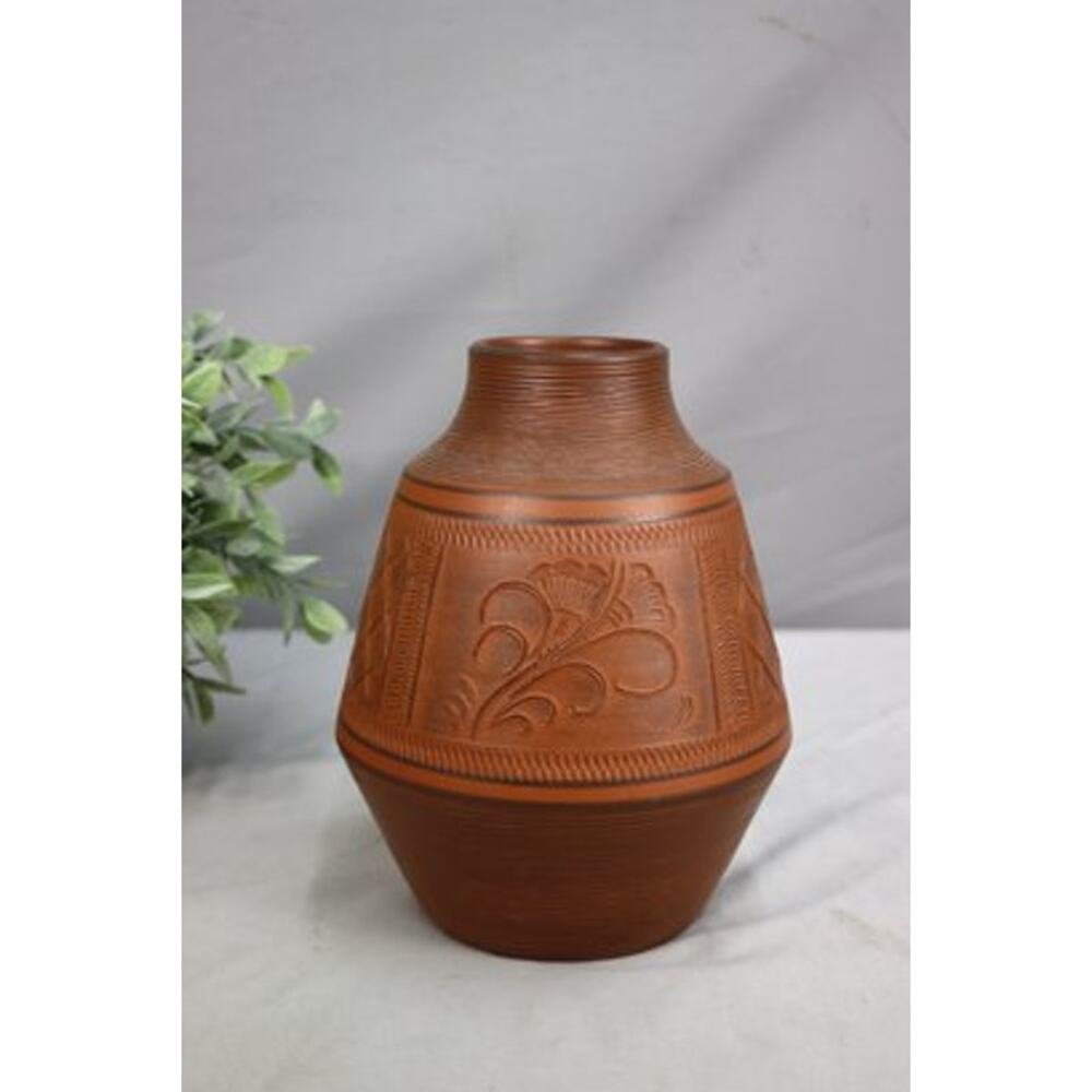 Vintage Intaglio Etched Redware Flower Vase, Signed Bottom